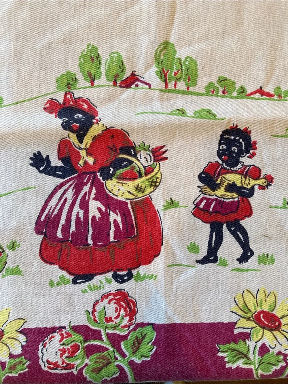 Vintage African Americana Cotton Tablecloth Rare Mammy & Family‎ Work On Farm